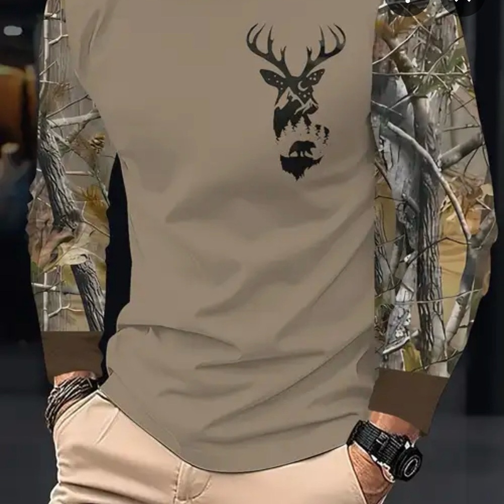 Men's Long-Sleeve Deer Graphic Shirt - Taupe NWOT size L